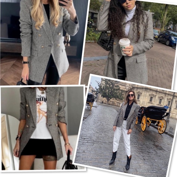 Zara Houndstooth Textured Gold Button Tweed Double Breasted Blazer 2761/255 XS - Picture 5 of 16